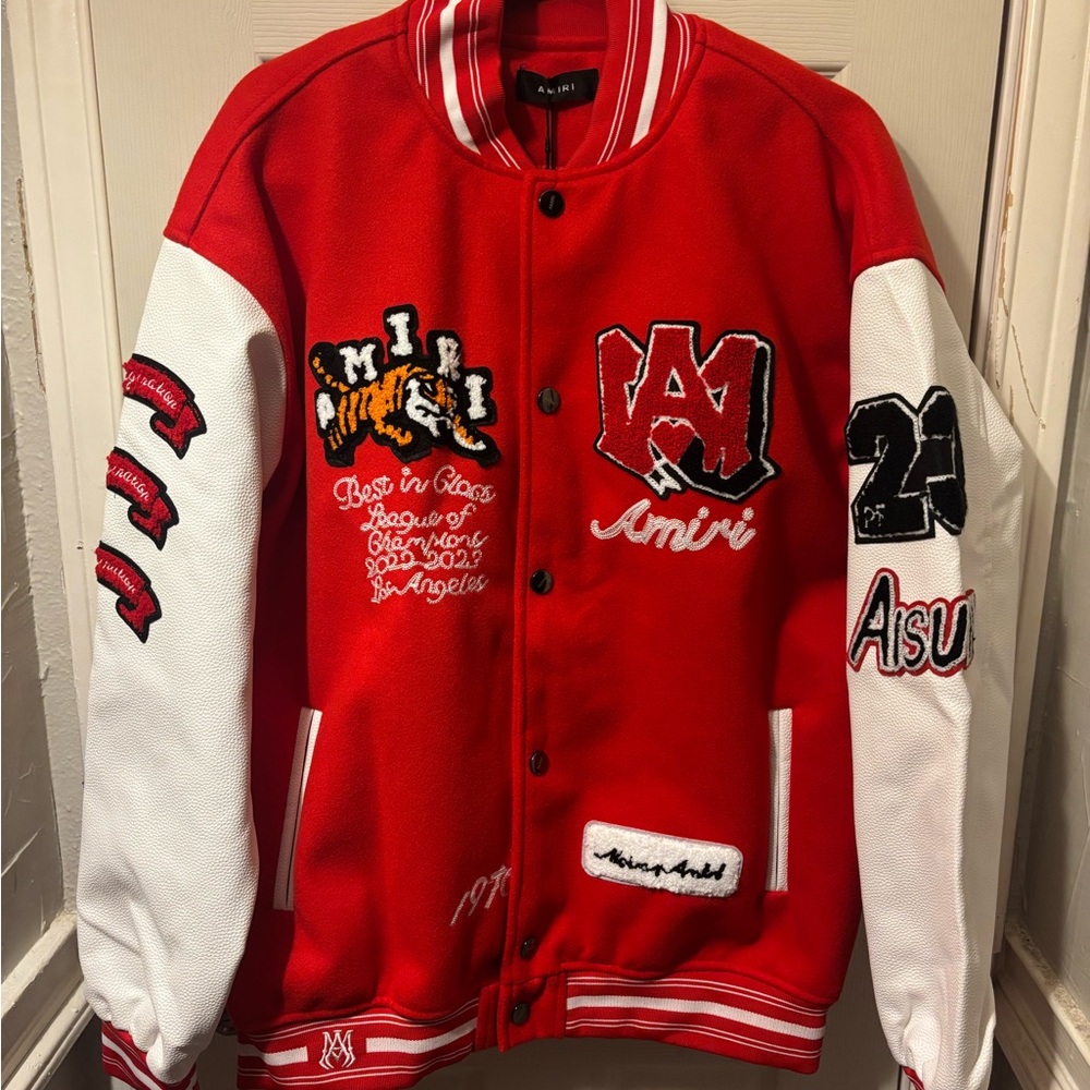 AMIRI Red and White Embroidered Varsity Jacket